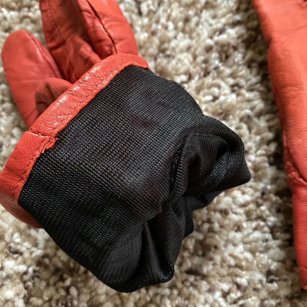 lamb skin Leather gloves Coral Red Elastic Cuff Women's Size S